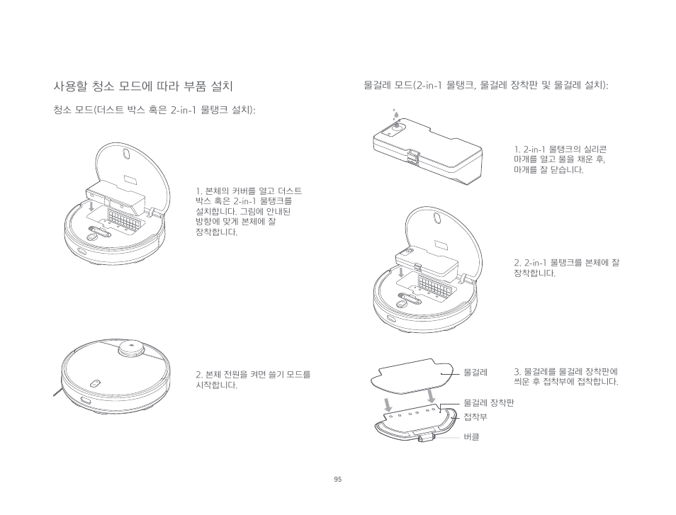 사용할 청소 모드에 따라 부품 설치 | Xiaomi Mi Robot Vacuum-Mop P User Manual | Page 97 / 225