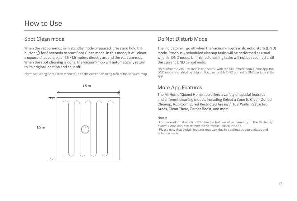 How to use, Do not disturb mode more app features, Spot clean mode | Xiaomi Mi Robot Vacuum-Mop 2 Pro+ User Manual | Page 13 / 219