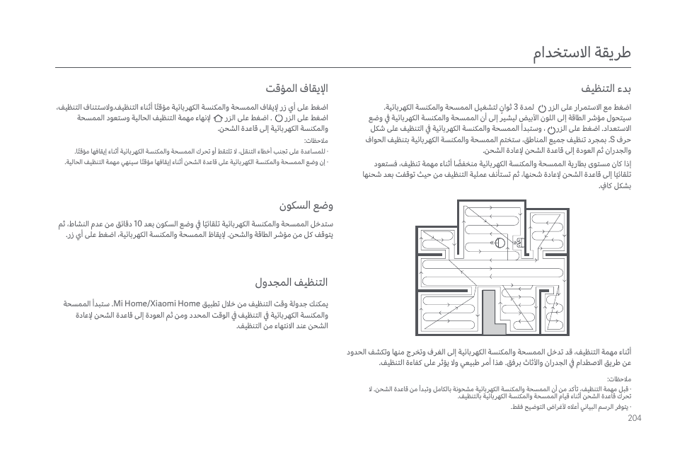 مادختسلاا ةقيرط, فيظنتلا ءدب, تقؤملا فاقيلإا نوكسلا عضو | لودجملا فيظنتلا | Xiaomi Mi Robot Vacuum-Mop 2 Pro+ User Manual | Page 205 / 219