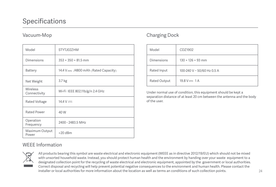 Specifications, Vacuum-mop weee information charging dock | Xiaomi Mi Robot Vacuum-Mop 2 Pro+ User Manual | Page 25 / 219