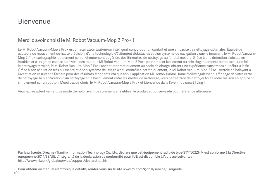 3 p2041-法国-说明书-v0.1, Bienvenue, Merci d’avoir choisi le mi robot vacuum-mop 2 pro | Xiaomi Mi Robot Vacuum-Mop 2 Pro+ User Manual | Page 50 / 219