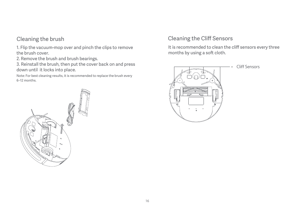 Cleaning the brush, Cleaning the cliff sensors | Xiaomi Mi Robot Vacuum-Mop Essential User Manual | Page 18 / 327