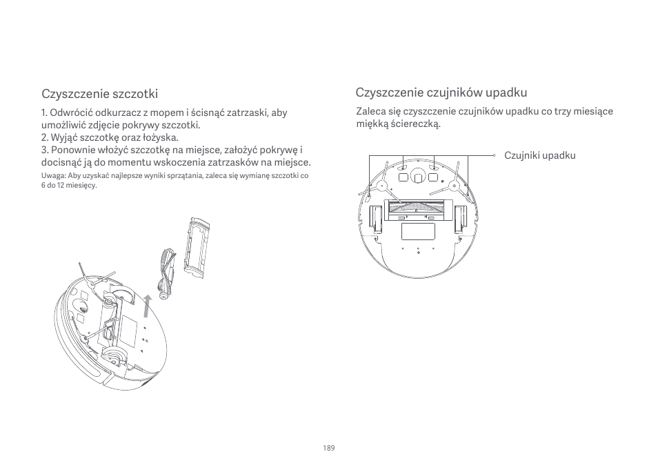 Czyszczenie szczotki, Czyszczenie czujników upadku | Xiaomi Mi Robot Vacuum-Mop Essential User Manual | Page 191 / 327