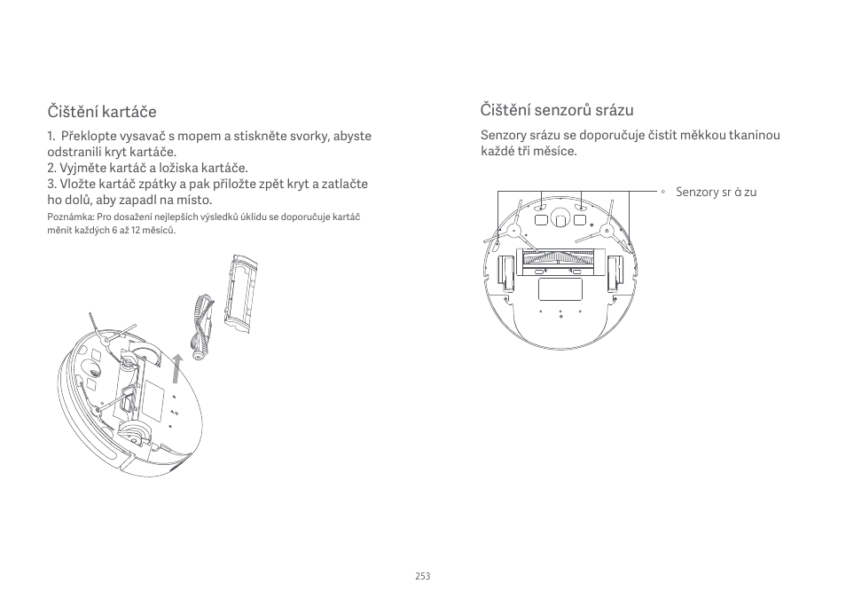 Čištění kartáče, Čištění senzorů srázu | Xiaomi Mi Robot Vacuum-Mop Essential User Manual | Page 255 / 327