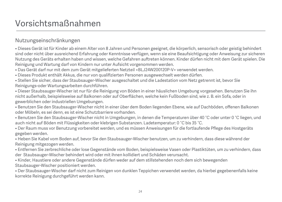 Vorsichtsmaßnahmen | Xiaomi Mi Robot Vacuum-Mop Essential User Manual | Page 26 / 327