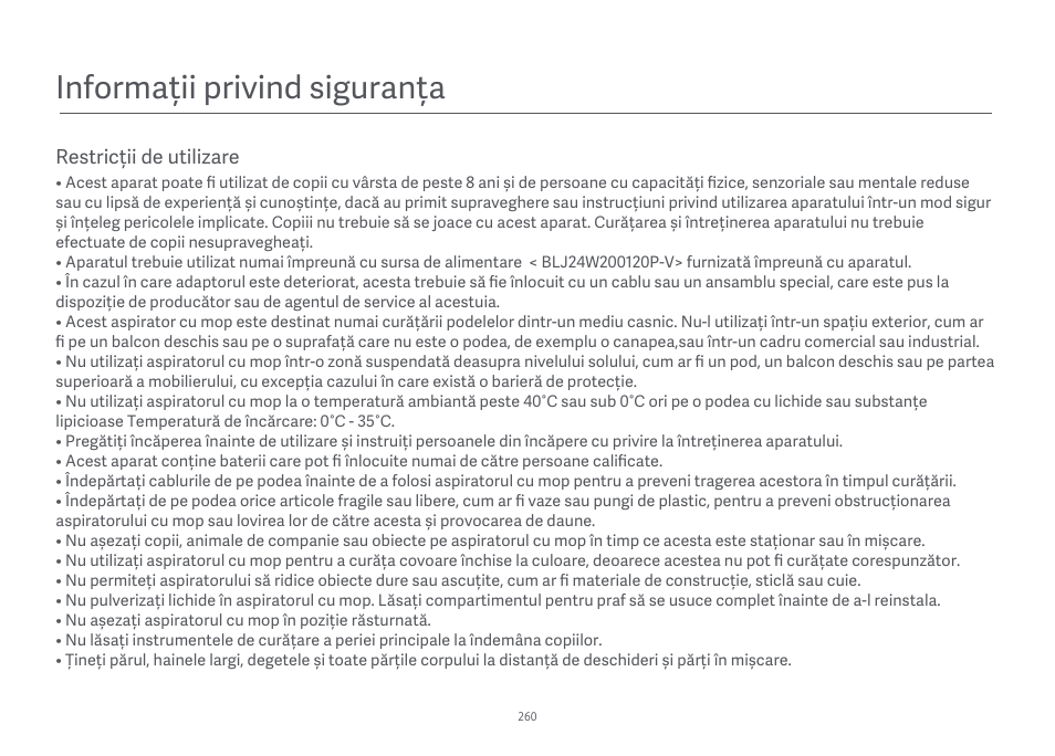 Informații privind siguranța | Xiaomi Mi Robot Vacuum-Mop Essential User Manual | Page 263 / 327