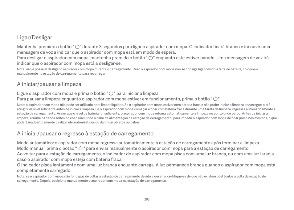 A iniciar/pausar a limpeza, Ligar/desligar | Xiaomi Mi Robot Vacuum-Mop Essential User Manual | Page 295 / 327