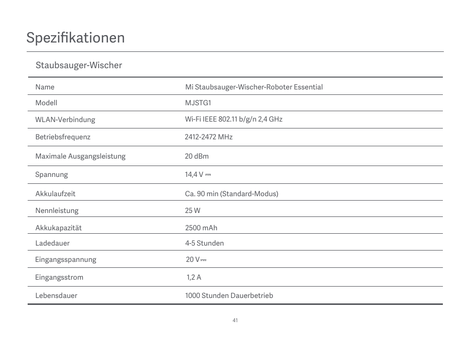 Spezifikationen | Xiaomi Mi Robot Vacuum-Mop Essential User Manual | Page 43 / 327