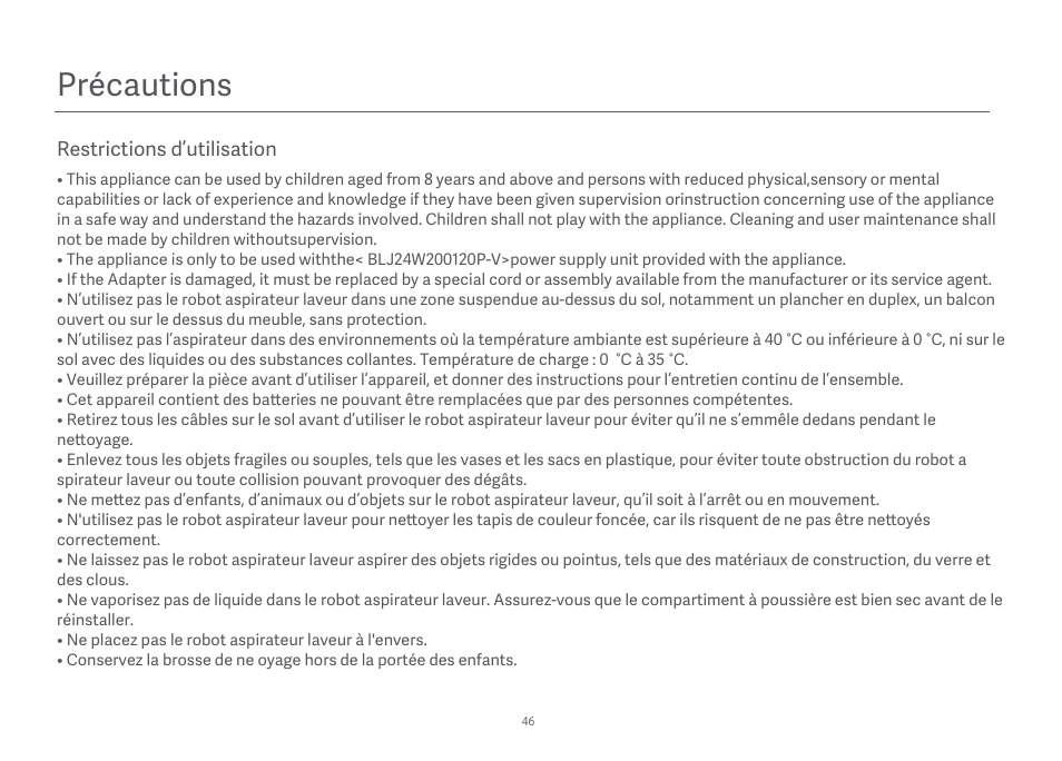 Précautions | Xiaomi Mi Robot Vacuum-Mop Essential User Manual | Page 48 / 327