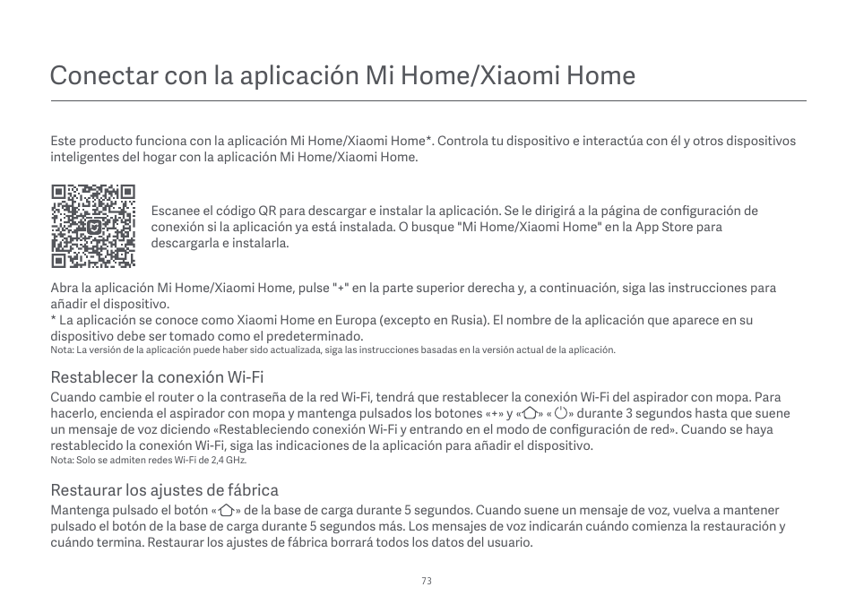 Conectar con la aplicación mi home/xiaomi home | Xiaomi Mi Robot Vacuum-Mop Essential User Manual | Page 75 / 327