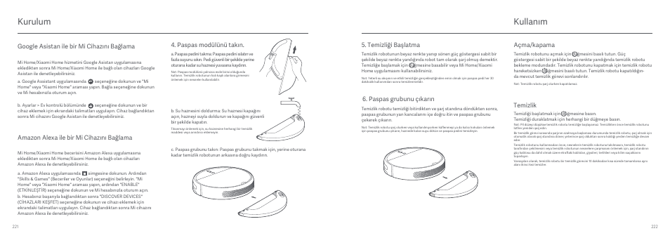 Kullanım, Kurulum, Paspas modülünü takın | Paspas grubunu çıkarın, Temizliği başlatma, Açma/kapama, Amazon alexa ile bir mi cihazını bağlama | Xiaomi Mi Robot Vacuum-Mop User Manual | Page 114 / 182