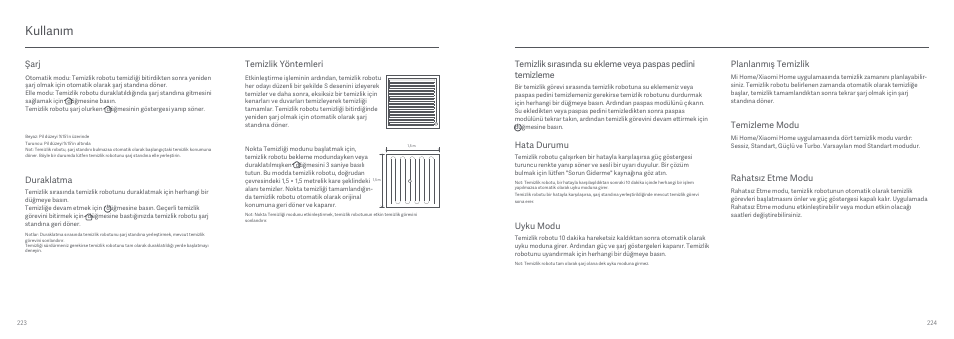 Kullanım, Hata durumu, Uyku modu | Planlanmış temizlik, Temizleme modu, Rahatsız etme modu, Temizlik yöntemleri, Duraklatma, Şarj | Xiaomi Mi Robot Vacuum-Mop User Manual | Page 115 / 182