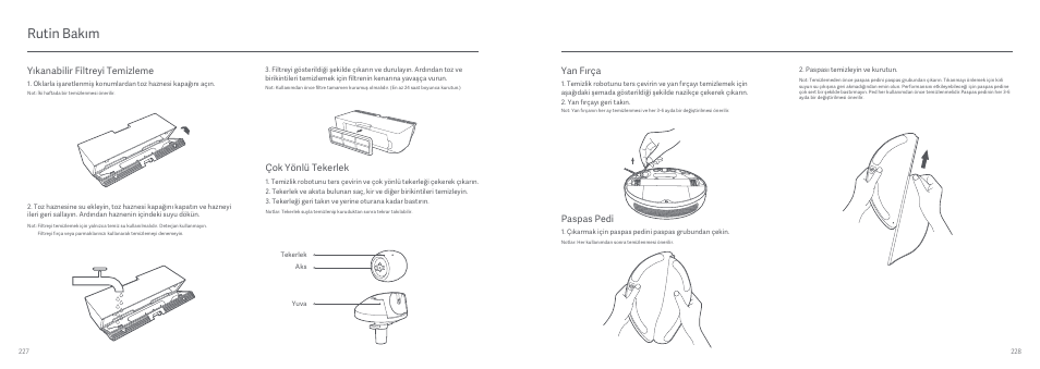 Rutin bakım, Yan fırça, Paspas pedi | Çok yönlü tekerlek, Yıkanabilir filtreyi temizleme | Xiaomi Mi Robot Vacuum-Mop User Manual | Page 117 / 182