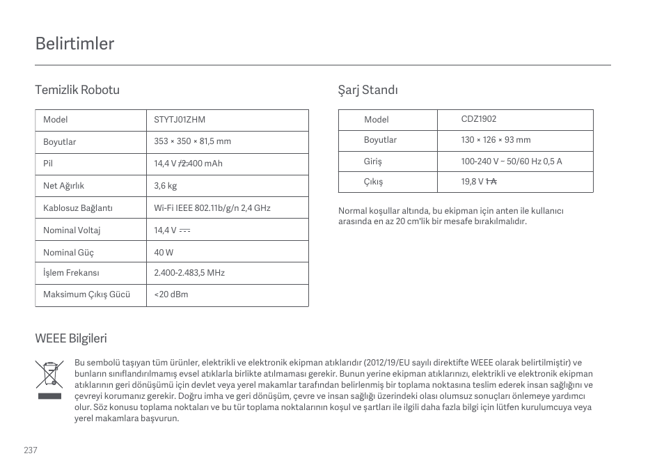 Belirtimler, Temizlik robotu weee bilgileri şarj standı | Xiaomi Mi Robot Vacuum-Mop User Manual | Page 122 / 182