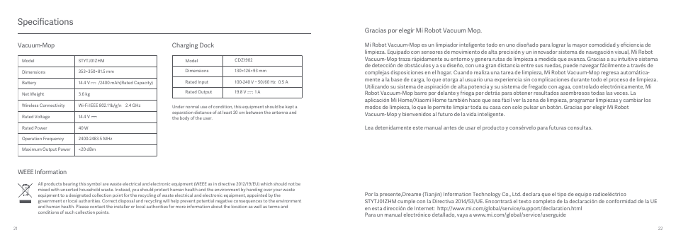 2 米家扫地机说明书 西班牙语版, Specifications, Gracias por elegir mi robot vacuum mop | Vacuum-mop weee information charging dock | Xiaomi Mi Robot Vacuum-Mop User Manual | Page 13 / 182