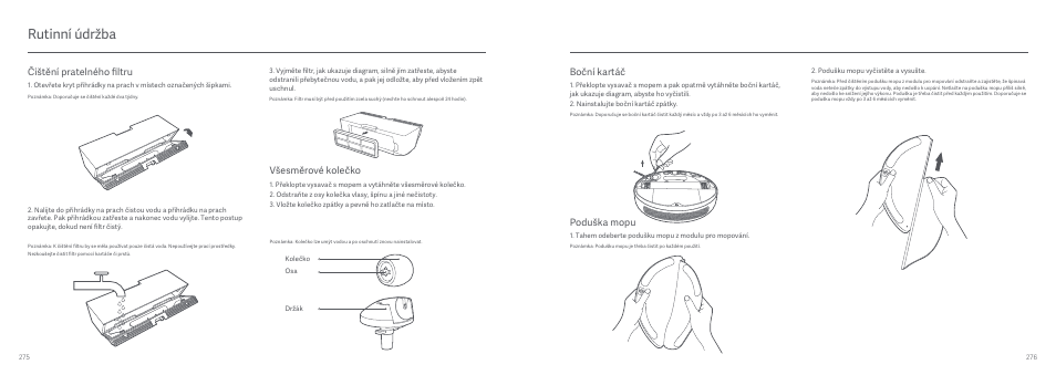 Rutinní údržba, Boční kartáč, Poduška mopu | Všesměrové kolečko, Čištění pratelného filtru | Xiaomi Mi Robot Vacuum-Mop User Manual | Page 143 / 182