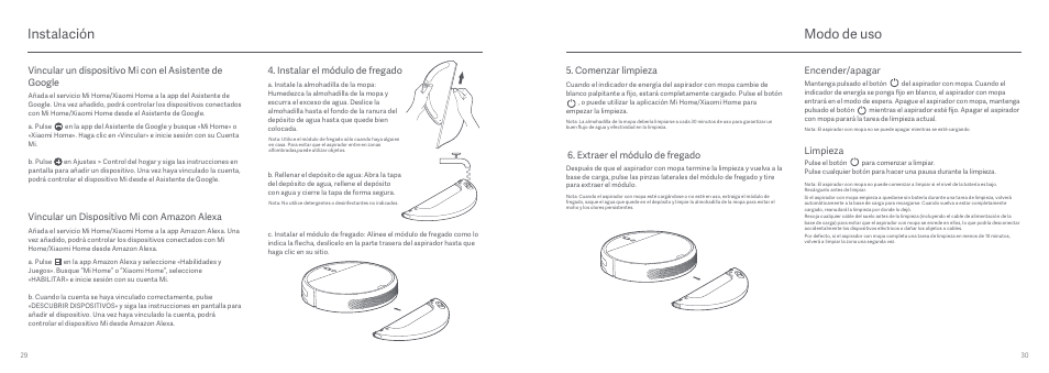 Modo de uso instalación, Extraer el módulo de fregado, Comenzar limpieza | Encender/apagar limpieza | Xiaomi Mi Robot Vacuum-Mop User Manual | Page 17 / 182