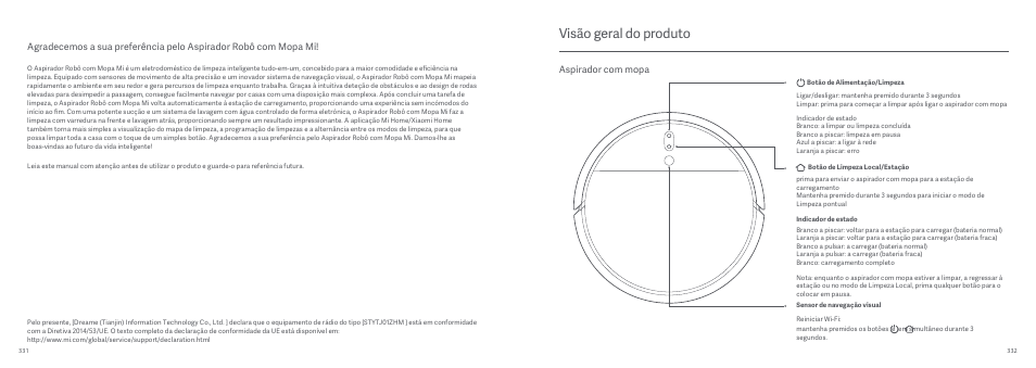 15 葡萄牙文-修改, Visão geral do produto, Aspirador com mopa | Xiaomi Mi Robot Vacuum-Mop User Manual | Page 172 / 182