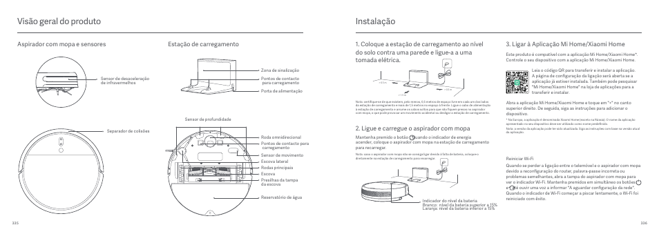 Visão geral do produto, Instalação, Ligue e carregue o aspirador com mopa | Xiaomi Mi Robot Vacuum-Mop User Manual | Page 174 / 182