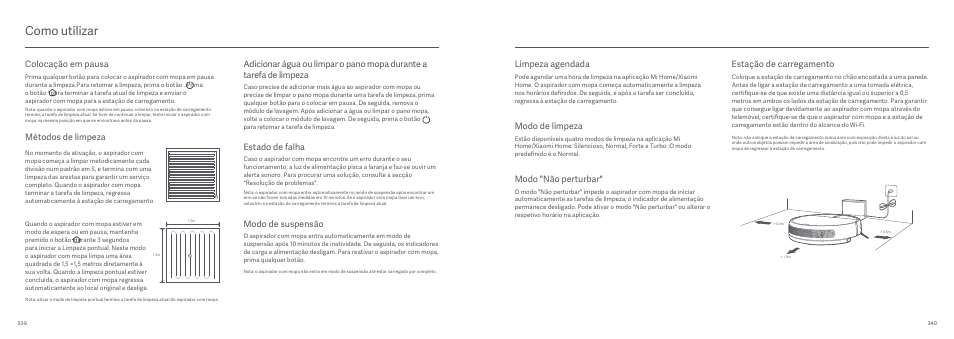 Como utilizar, Estado de falha, Modo de suspensão | Colocação em pausa, Métodos de limpeza, Estação de carregamento, Limpeza agendada, Modo de limpeza, Modo "não perturbar | Xiaomi Mi Robot Vacuum-Mop User Manual | Page 176 / 182