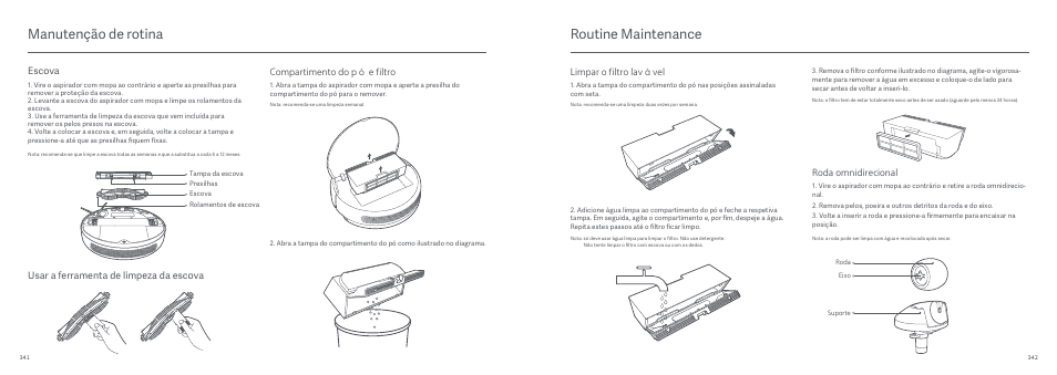 Manutenção de rotina, Routine maintenance, Compartimento do pó e filtro | Usar a ferramenta de limpeza da escova, Escova, Limpar o filtro lavável, Roda omnidirecional | Xiaomi Mi Robot Vacuum-Mop User Manual | Page 177 / 182
