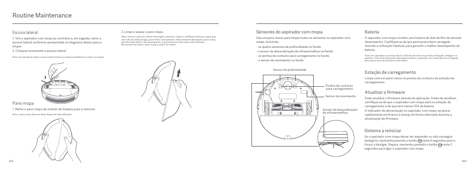 Routine maintenance, Escova lateral, Pano mopa | Bateria, Atualizar o firmware, Estação de carregamento, Sistema a reiniciar, Sensores do aspirador com mopa | Xiaomi Mi Robot Vacuum-Mop User Manual | Page 178 / 182