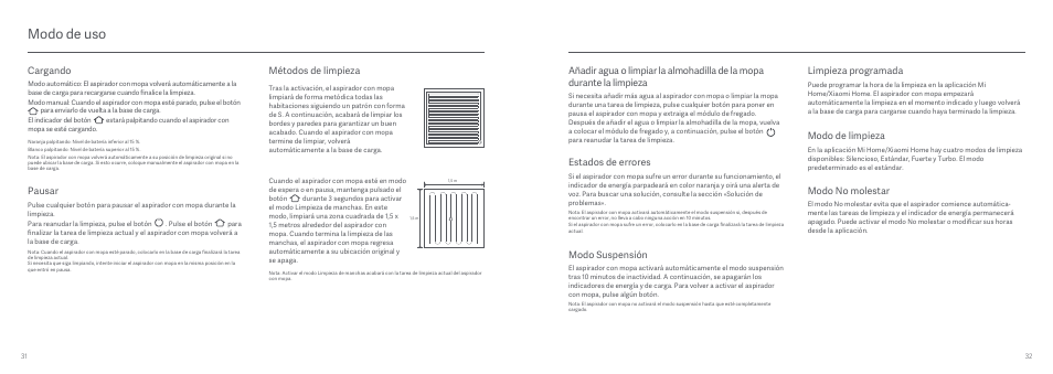 Modo de uso, Limpieza programada, Modo de limpieza | Modo no molestar, Métodos de limpieza, Estados de errores, Modo suspensión, Pausar, Cargando | Xiaomi Mi Robot Vacuum-Mop User Manual | Page 18 / 182