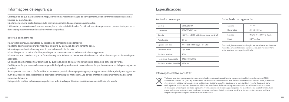 Especificações, Informações de segurança | Xiaomi Mi Robot Vacuum-Mop User Manual | Page 182 / 182