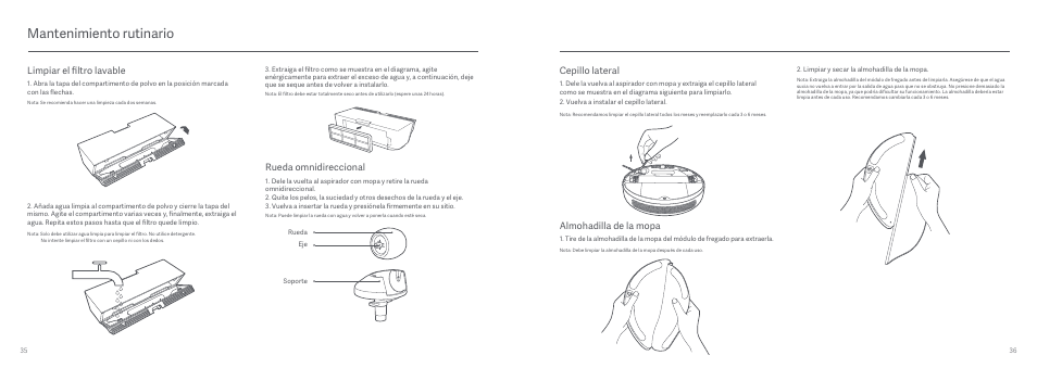 Mantenimiento rutinario, Cepillo lateral, Almohadilla de la mopa | Rueda omnidireccional, Limpiar el filtro lavable | Xiaomi Mi Robot Vacuum-Mop User Manual | Page 20 / 182