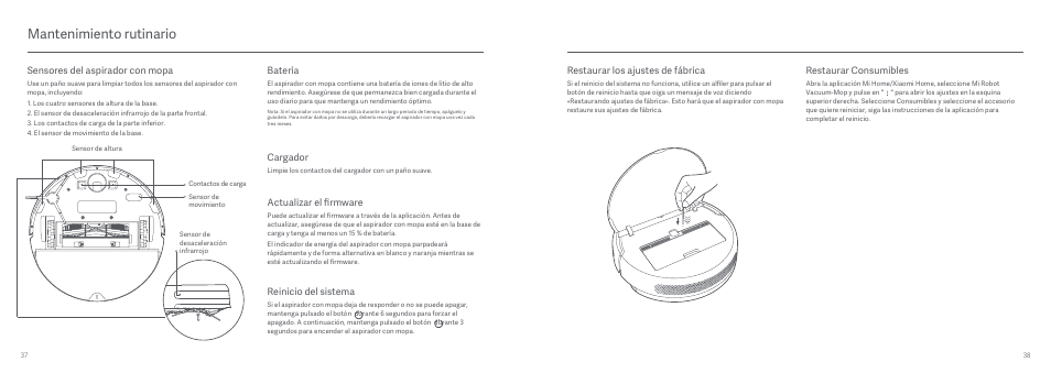 Mantenimiento rutinario, Sensores del aspirador con mopa, Batería | Actualizar el firmware, Cargador, Reinicio del sistema, Restaurar los ajustes de fábrica, Restaurar consumibles | Xiaomi Mi Robot Vacuum-Mop User Manual | Page 21 / 182