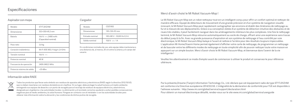 3 米家扫地机说明书 法语版, Especificaciones, Merci d’avoir choisi le mi robot vacuum-mop | Aspirador con mopa, Cargador, Información sobre raee | Xiaomi Mi Robot Vacuum-Mop User Manual | Page 25 / 182