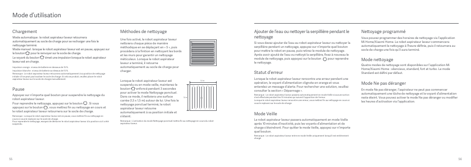 Mode d’utilisation, Nettoyage programmé, Mode nettoyage | Mode ne pas déranger, Méthodes de nettoyage, Pause, Chargement, Statut d’erreur, Mode veille | Xiaomi Mi Robot Vacuum-Mop User Manual | Page 30 / 182