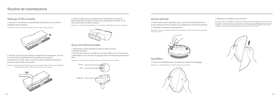 Routine de maintenance, Roue omnidirectionnelle, Nettoyer le filtre lavable | Brosse latérale, Serpillière | Xiaomi Mi Robot Vacuum-Mop User Manual | Page 32 / 182