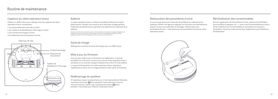 Routine de maintenance, Capteurs du robot aspirateur laveur, Batterie | Mise à jour du firmware, Socle de charge, Redémarrage du système, Restauration des paramètres d’usine, Réinitialisation des consommables | Xiaomi Mi Robot Vacuum-Mop User Manual | Page 33 / 182