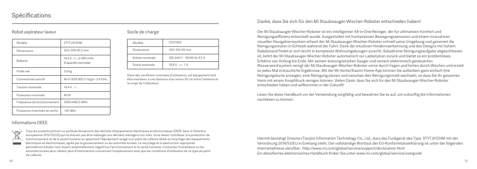 4 米家扫地机说明书 德语, Spécifications, Robot aspirateur laveur | Socle de charge informations deee | Xiaomi Mi Robot Vacuum-Mop User Manual | Page 37 / 182