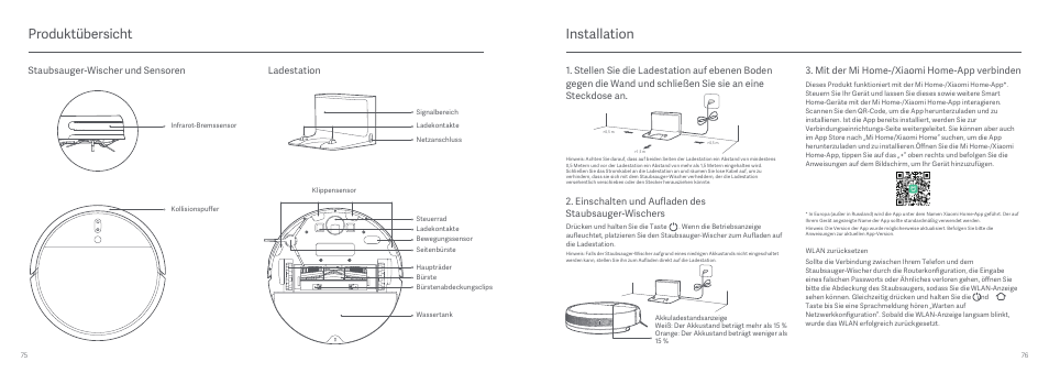 Produktübersicht, Installation, Staubsauger-wischer und sensoren ladestation | Einschalten und aufladen des staubsauger-wischers | Xiaomi Mi Robot Vacuum-Mop User Manual | Page 40 / 182