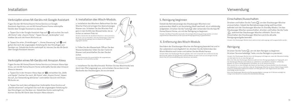 Installation, Verwendung, Verknüpfen eines mi-geräts mit google assistant | Verknüpfen eines mi-geräts mit amazon alexa, Installation des wisch-moduls, Entfernung des wisch-moduls, Reinigung beginnen, Einschalten/ausschalten reinigung | Xiaomi Mi Robot Vacuum-Mop User Manual | Page 41 / 182