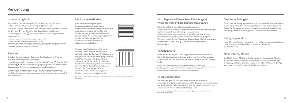 Verwendung, Geplantes reinigen, Reinigungsmodus | Nicht-stören-modus, Fehlerzustand, Energiesparmodus, Reinigungsmethoden, Pausiert, Ladevorgang läuft | Xiaomi Mi Robot Vacuum-Mop User Manual | Page 42 / 182