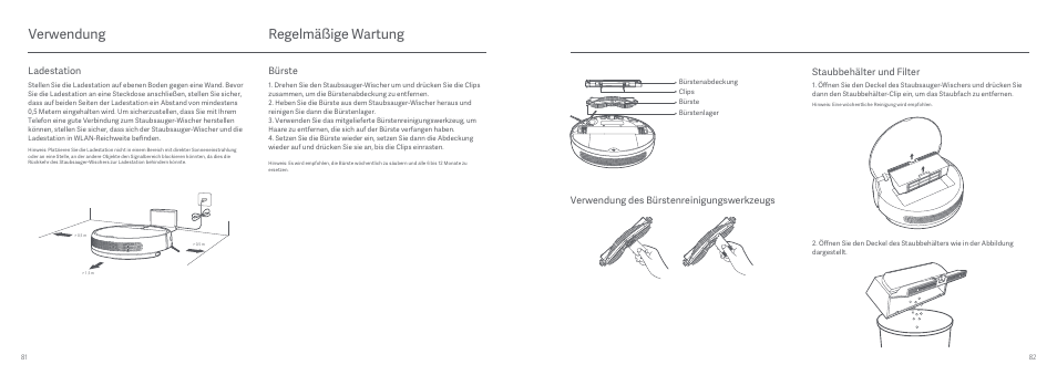 Regelmäßige wartung, Verwendung, Staubbehälter und filter | Ladestation, Bürste, Verwendung des bürstenreinigungswerkzeugs | Xiaomi Mi Robot Vacuum-Mop User Manual | Page 43 / 182