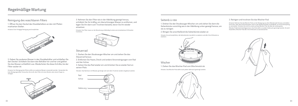 Regelmäßige wartung, Reinigung des waschbaren filters, Seitenbürste | Wischer, Steuerrad | Xiaomi Mi Robot Vacuum-Mop User Manual | Page 44 / 182