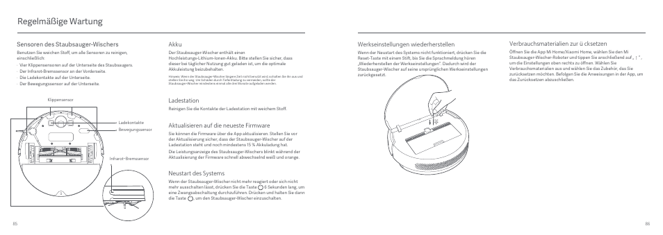 Regelmäßige wartung, Akku, Aktualisieren auf die neueste firmware | Ladestation, Neustart des systems, Sensoren des staubsauger-wischers, Verbrauchsmaterialien zurücksetzen, Werkseinstellungen wiederherstellen | Xiaomi Mi Robot Vacuum-Mop User Manual | Page 45 / 182