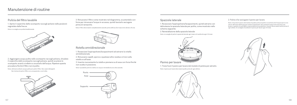 Manutenzione di routine, Spazzola laterale, Panno per lavare | Rotella omnidirezionale, Pulizia del filtro lavabile | Xiaomi Mi Robot Vacuum-Mop User Manual | Page 56 / 182