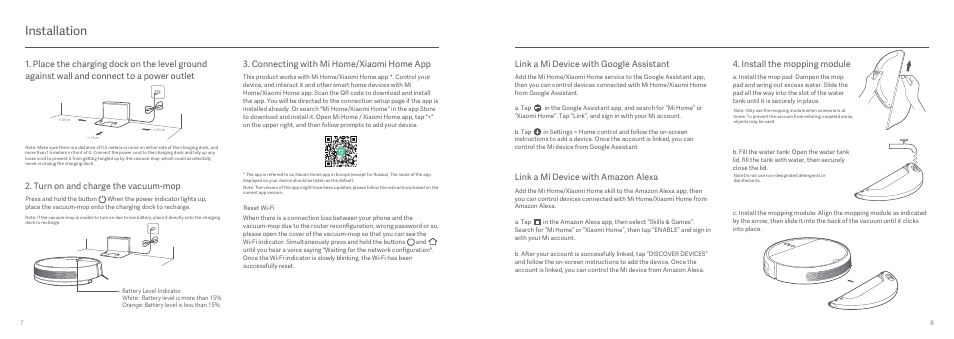 Installation, Turn on and charge the vacuum-mop, Install the mopping module | Link a mi device with amazon alexa, Link a mi device with google assistant | Xiaomi Mi Robot Vacuum-Mop User Manual | Page 6 / 182