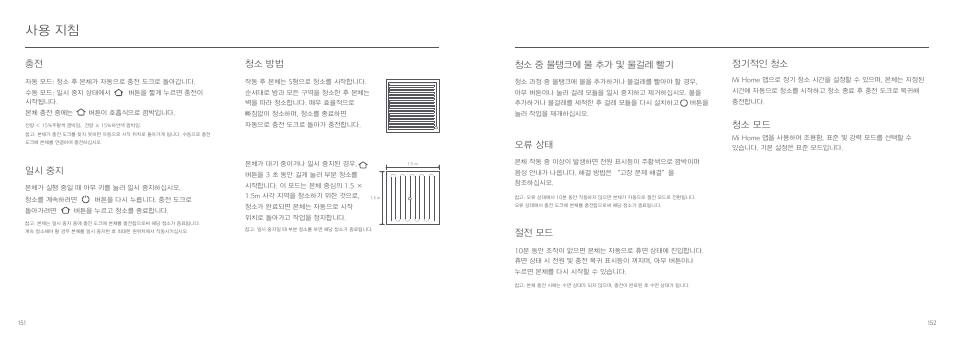 사용 지침, 정기적인 청소, 청소 모드 | 청소 방법, 일시 중지 충전, 오류 상태, 절전 모드, 청소 중 물탱크에 물 추가 및 물걸레 빨기 | Xiaomi Mi Robot Vacuum-Mop User Manual | Page 78 / 182