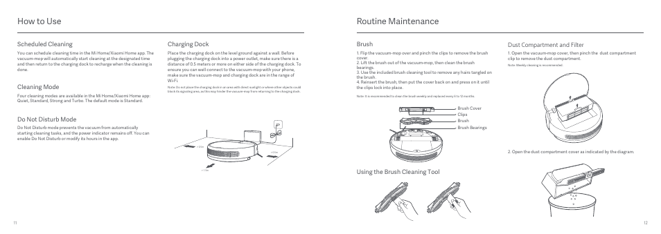 Routine maintenance, How to use, Dust compartment and filter | Charging dock, Using the brush cleaning tool, Brush, Scheduled cleaning, Cleaning mode, Do not disturb mode | Xiaomi Mi Robot Vacuum-Mop User Manual | Page 8 / 182