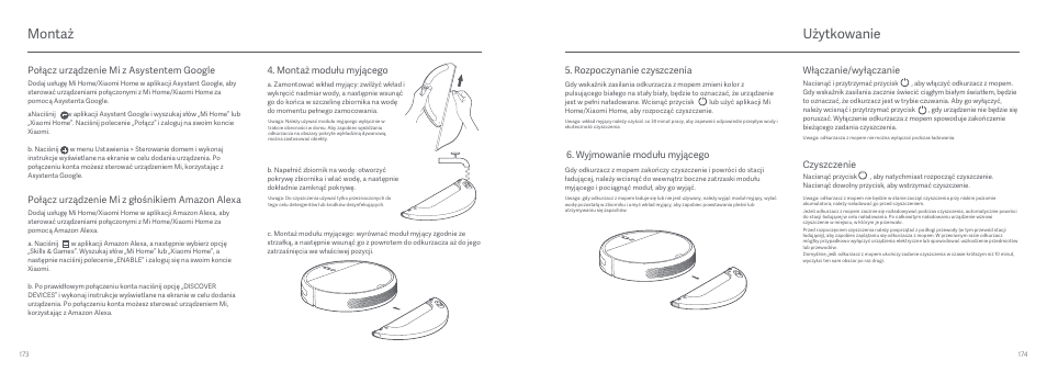 Użytkowanie, Montaż, Montaż modułu myjącego | Wyjmowanie modułu myjącego, Rozpoczynanie czyszczenia, Włączanie/wyłączanie czyszczenie, Połącz urządzenie mi z asystentem google, Połącz urządzenie mi z głośnikiem amazon alexa | Xiaomi Mi Robot Vacuum-Mop User Manual | Page 89 / 182