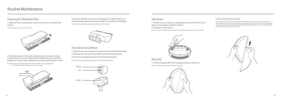 Routine maintenance, Cleaning the washable filter, Side brush | Mop pad, Omnidirectional wheel | Xiaomi Mi Robot Vacuum-Mop User Manual | Page 9 / 182