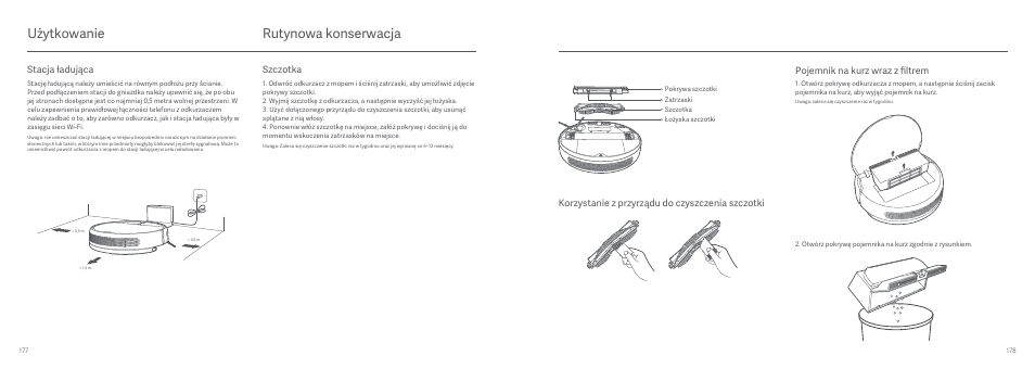 Rutynowa konserwacja, Użytkowanie, Pojemnik na kurz wraz z filtrem | Stacja ładująca, Szczotka, Korzystanie z przyrządu do czyszczenia szczotki | Xiaomi Mi Robot Vacuum-Mop User Manual | Page 91 / 182