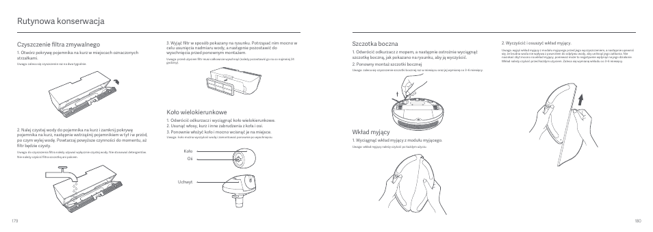 Rutynowa konserwacja, Czyszczenie filtra zmywalnego, Koło wielokierunkowe | Szczotka boczna, Wkład myjący | Xiaomi Mi Robot Vacuum-Mop User Manual | Page 92 / 182