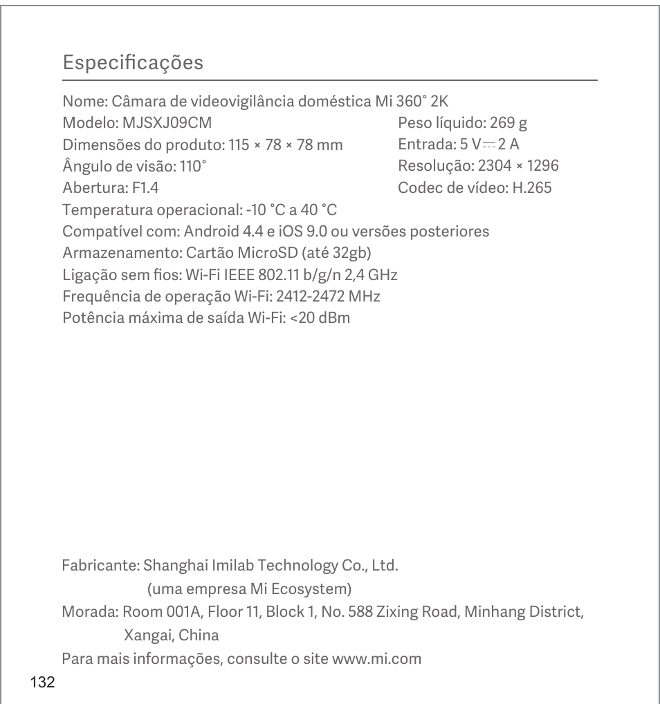 Especificações | Xiaomi Mi 360° User Manual | Page 133 / 169